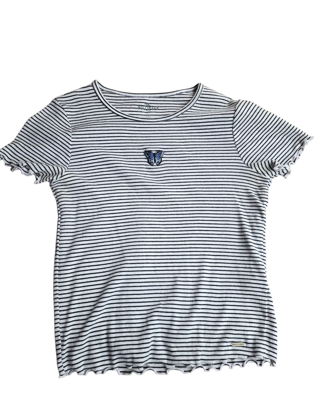 Hollister Striped Short Sleeve Tee with Blue Butterfly and Ruffles